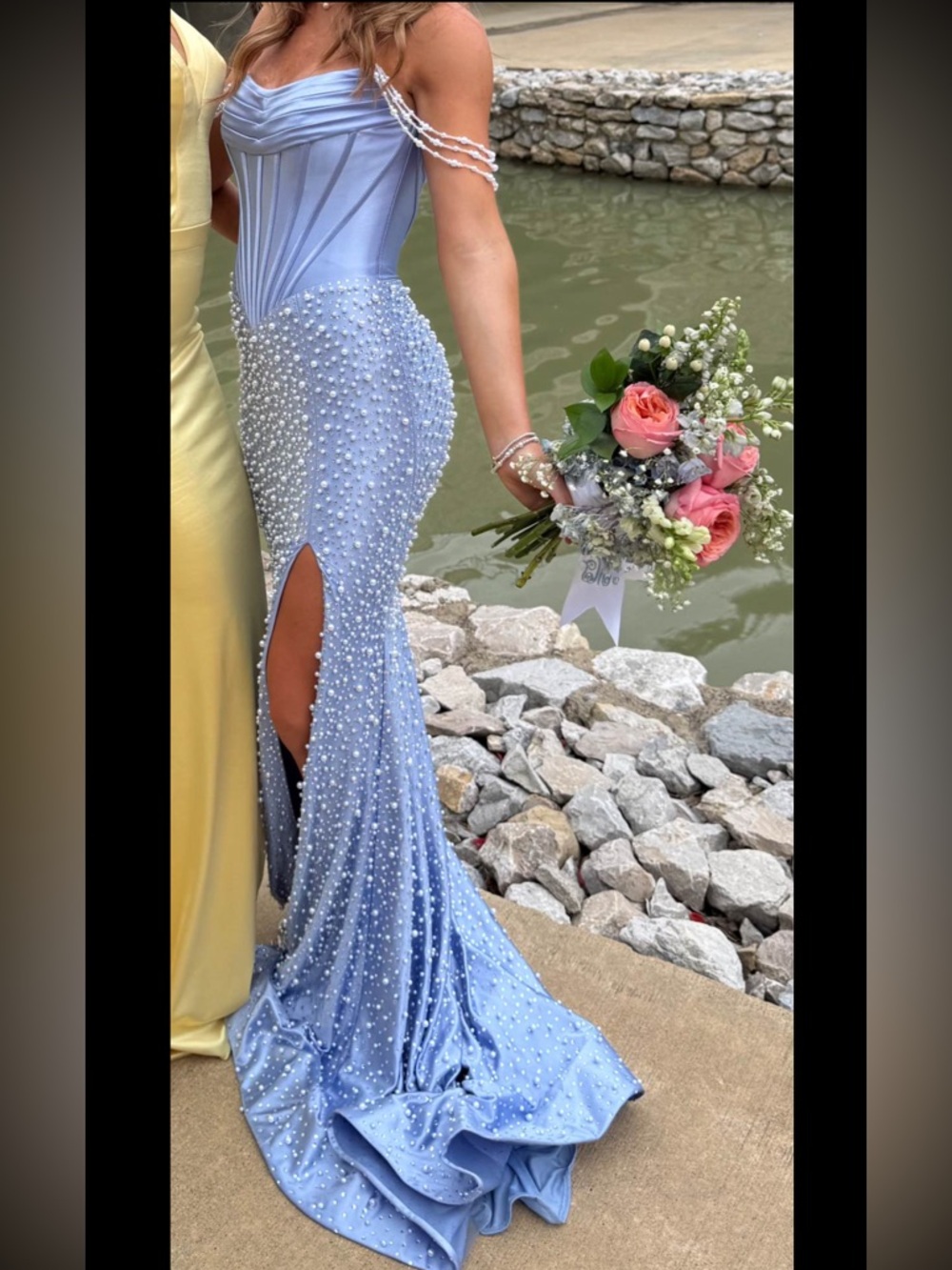 Sherri Hill Light Blue Pearl-Embellished Prom Gown
